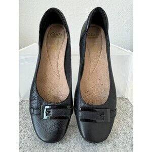 Clarks Collection Blanche West Ballet Flat Black Leather Sz 9 Buckle Y2K Comfort
